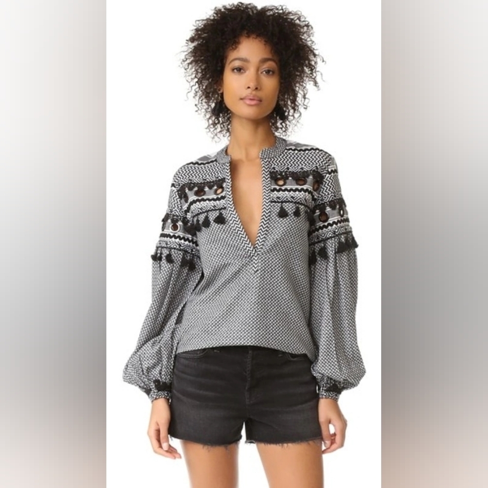 $320 DoDo Bar Or Top Blouse Shirt Women  Black White Embroidered Tasseled Boho M
